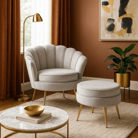 Fotel Wypoczynkowy GRAND z Podnóżkiem Muszelka Szary Welurowy Glamour