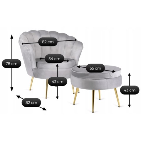 Fotel Wypoczynkowy GRAND z Podnóżkiem Muszelka Szary Welurowy Glamour