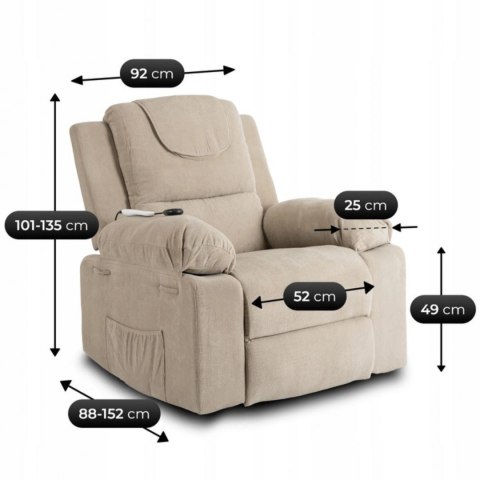 Fotel Masujący Elektrycznie Rozkładany FENIX z Funkcją Wstawania Beżowy Sztruksowy
