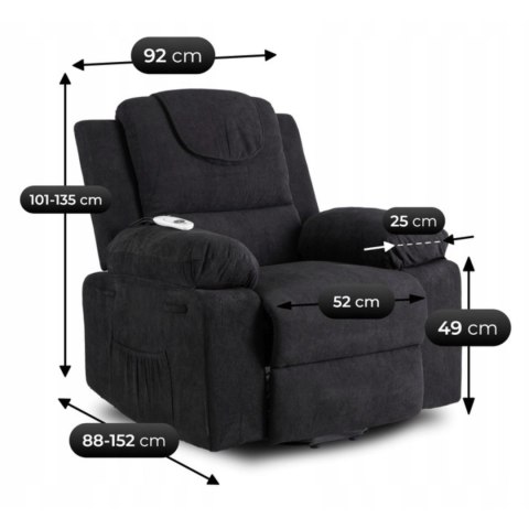 Fotel Masujący Elektrycznie Rozkładany FENIX z Funkcją Wstawania Czarny