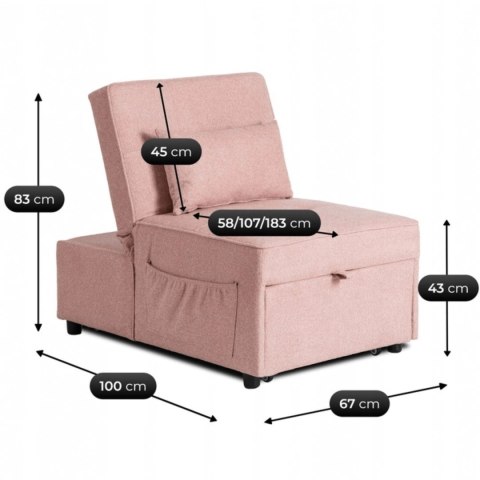Fotel Wypoczynkowy Rozkładany IBERIS 67 cm Różowy Tapicerowany Nowoczesny