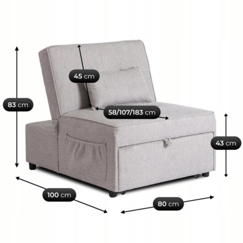 Fotel Wypoczynkowy Rozkładany IBERIS 80 cm Szary Tapicerowany Nowoczesny