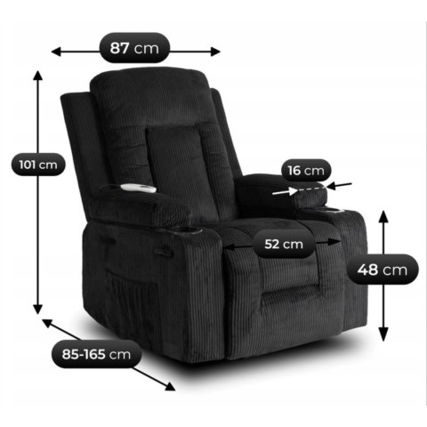 Fotel Rozkładany Masujący BOX Czarny Sztruksowy