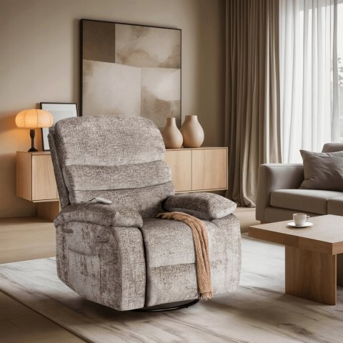 Fotel Rozkładany Masujący BRUCE z Funkcją Kołyski Beżowy Welurowy