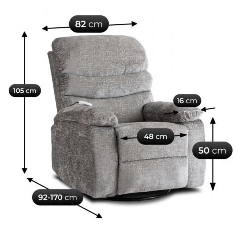 Fotel Rozkładany Masujący BRUCE z Funkcją Kołyski Szary Welurowy