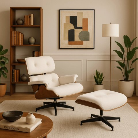 Fotel Wypoczynkowy PALERMO z Podnóżkiem z Drewna Giętego Biały Nowoczesny Loft