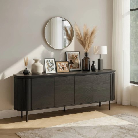 Komoda do Salonu BECK 200 cm Czarna Czterodrzwiowa Ryflowana Nowoczesna