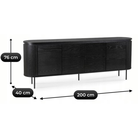 Komoda do Salonu BECK 200 cm Czarna Czterodrzwiowa Ryflowana Nowoczesna