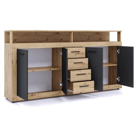 Komoda Czterodrzwiowa z Szufladami BLAGO 190 cm Dąb Artisan/Czarny Nowoczesna Loft