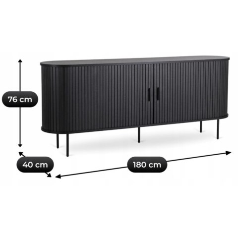 Komoda do Salonu Rozsuwana TRISH 180 cm Czarna Dwudrzwiowa Ryflowana Nowoczesna