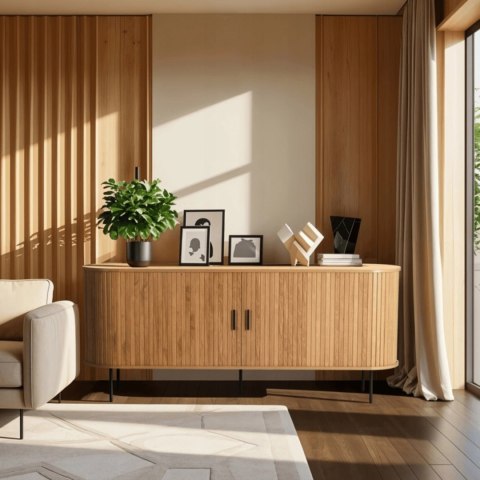 Komoda do Salonu Rozsuwana TRISH 180 cm Dąb Dwudrzwiowa Ryflowana Nowoczesna