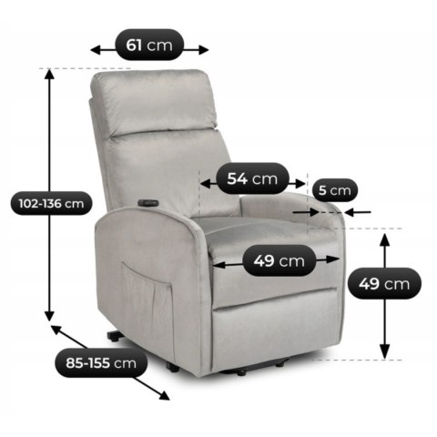 Fotel Wypoczynkowy COLTON z Funkcją Wstawania Elektrycznie Rozkładany Szary Welurowy Nowoczesny
