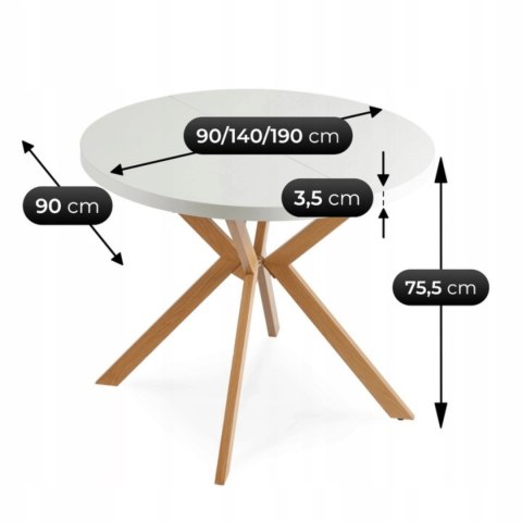 Stół LUGO Rozkładany 90-190 cm Biały/Dąb