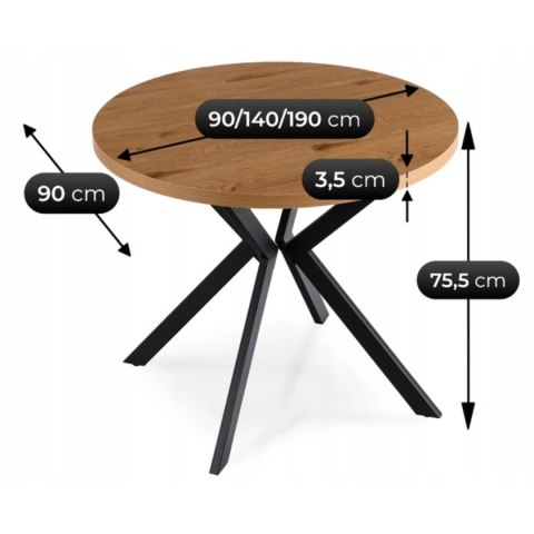 Stół LUGO Rozkładany 90-190 cm Dąb Złoty/Czarny