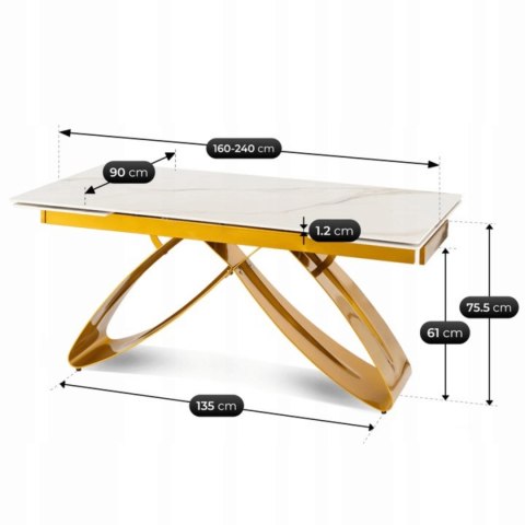 Stół LUIGI Ceramiczny Rozkładany 160-240 cm Biały Marmur/Złoty