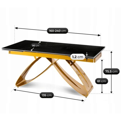 Stół LUIGI Ceramiczny Rozkładany 160-240 cm Czarny Marmur/Złoty