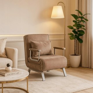 Fotel Rozkładany BART Wypoczynkowy Beżowy Welurowy do Spania Leżanka Nowoczesny