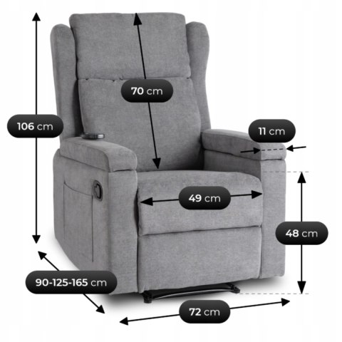 Fotel Rozkładany Masujący SEBASTIAN Szary Tkanina