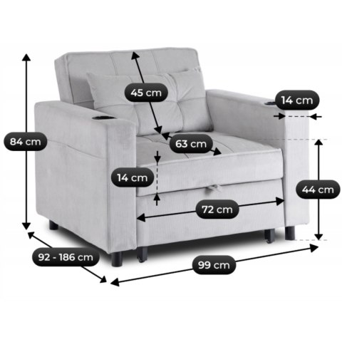 Fotel do Spania SOLOR Rozkładany Amerykanka Szary Sztruksowy Nowoczesny