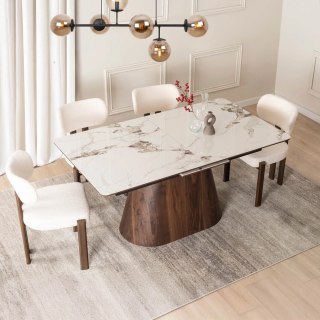 Stół LIZBONA Ceramiczny Rozkładany 160-200 cm Biały Marmur/Orzech