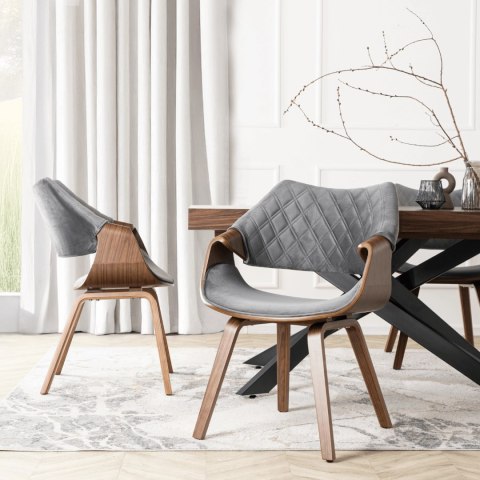 Krzesło Tapicerowane LUISE Szare/Orzech Welurowe Drewno Gięte Nowoczesne Loft