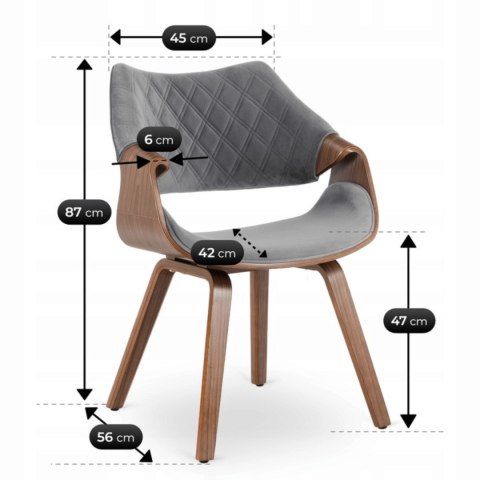 Krzesło Tapicerowane LUISE Szare/Orzech Welurowe Drewno Gięte Nowoczesne Loft