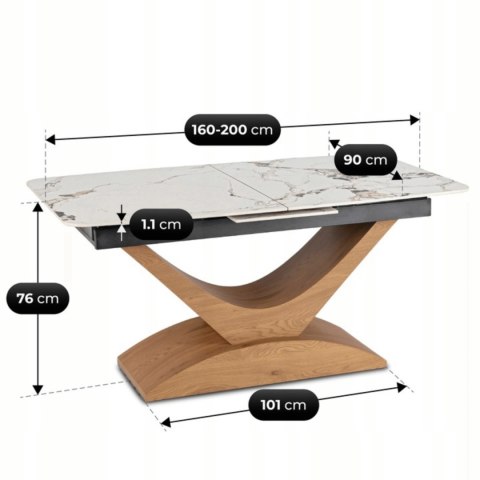 Stół ALICANTE Ceramiczny Rozkładany 160-200 cm Biały Marmur/Dąb