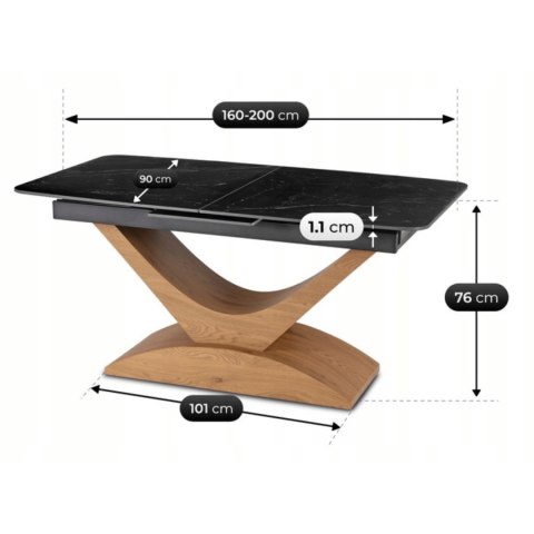 Stół ALICANTE Ceramiczny Rozkładany 160-200 cm Czarny Marmur/Dąb
