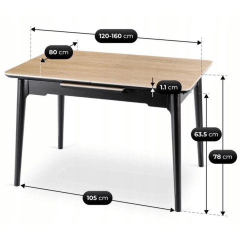 Stół SAMER Rozkładany Ceramiczny 120-160 cm Dąb/Czarny
