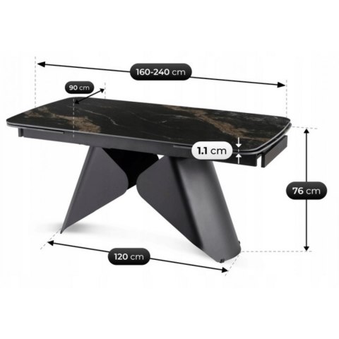 Stół VERONA Ceramiczny Rozkładany 160-240 cm Czarny Marmur/Czarny