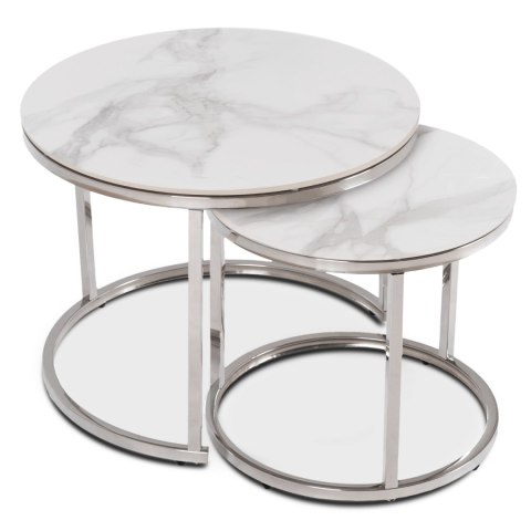 Zestaw Stolików Ceramicznych AMARA Biały Marmur/Srebrny