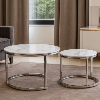 Zestaw Stolików Ceramicznych AMARA Biały Marmur/Srebrny