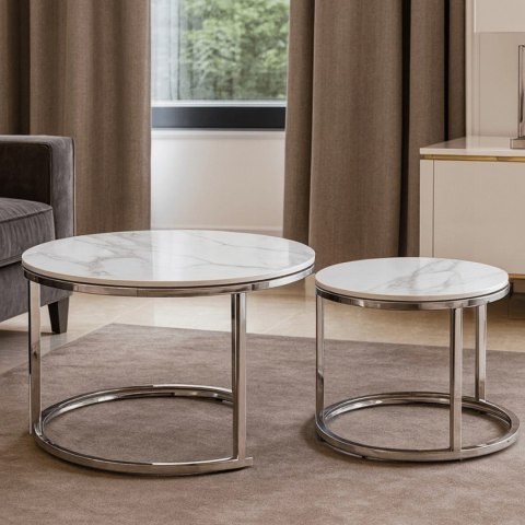Zestaw Stolików Ceramicznych AMARA Biały Marmur/Srebrny