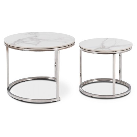 Zestaw Stolików Ceramicznych AMARA Biały Marmur/Srebrny