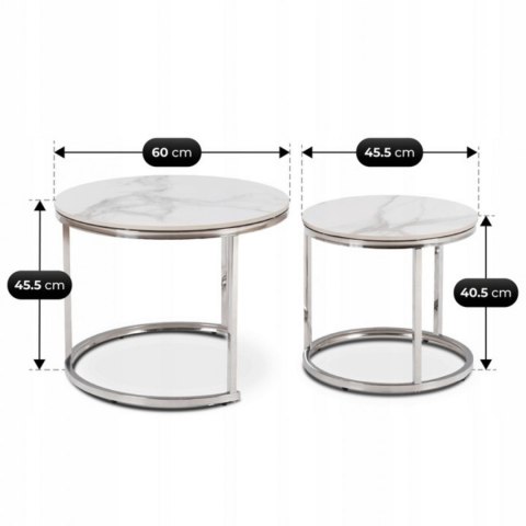 Zestaw Stolików Ceramicznych AMARA Biały Marmur/Srebrny