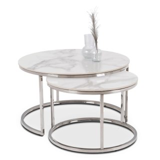 Zestaw Stolików Ceramicznych AMARA MAX Biały Marmur/Srebrny