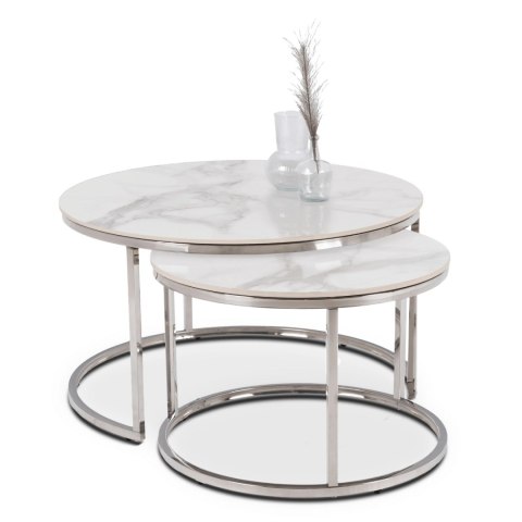 Zestaw Stolików Ceramicznych AMARA MAX Biały Marmur/Srebrny