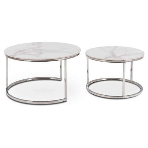 Zestaw Stolików Ceramicznych AMARA MAX Biały Marmur/Srebrny