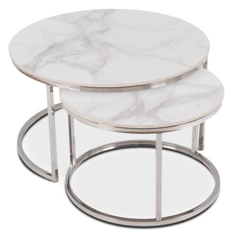 Zestaw Stolików Ceramicznych AMARA MAX Biały Marmur/Srebrny