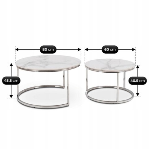 Zestaw Stolików Ceramicznych AMARA MAX Biały Marmur/Srebrny