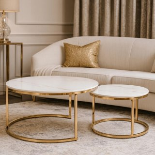 Zestaw Stolików Ceramicznych MILANO Biały Marmur/Złoty