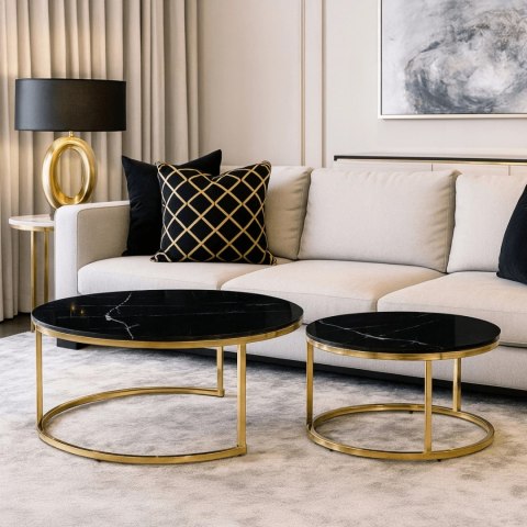 Zestaw Stolików Ceramicznych MILANO Czarny Marmur/Złoty