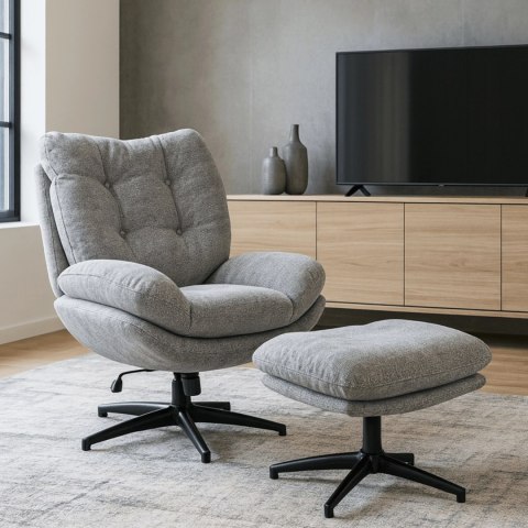 Fotel Wypoczynkowy Obrotowy FREMONT z Podnóżkiem Szary/Czarny Nowoczesny