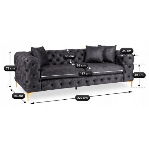 Sofa SORRENTO 3S Trzyosobowa Czarna Welurowa