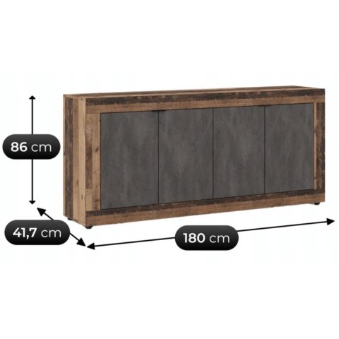 Komoda Czterodrzwiowa BLAGO 180 cm Ciemny Dąb/Grafit Loft