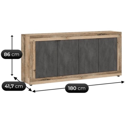 Komoda Czterodrzwiowa BLAGO 180 cm Czarny/Surowy Dąb Loft