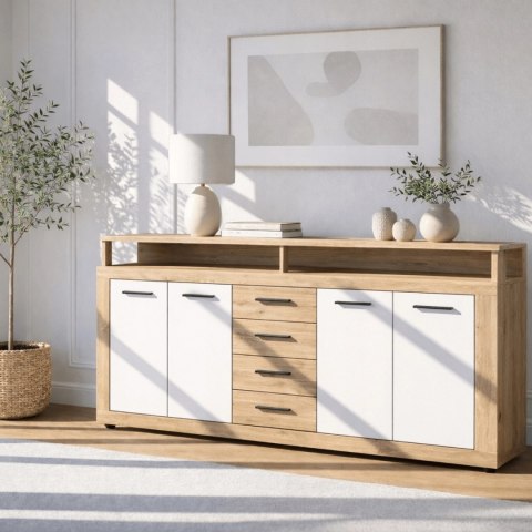 Komoda Czterodrzwiowa z Szufladami BLAGO 190 cm Dąb Artisan/Biały Nowoczesna