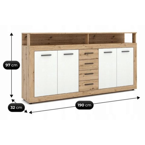 Komoda Czterodrzwiowa z Szufladami BLAGO 190 cm Dąb Artisan/Biały Nowoczesna