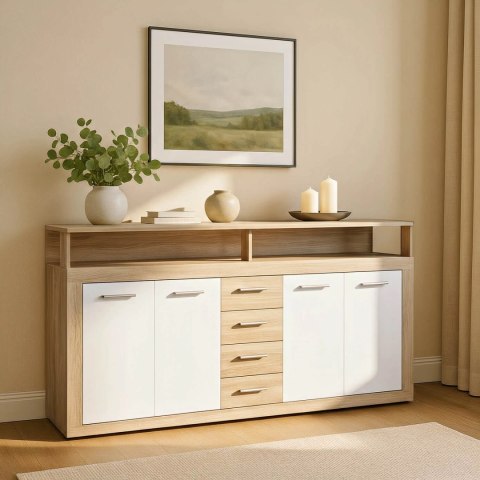 Komoda Czterodrzwiowa z Szufladami BLAGO 190 cm Dąb Sonoma/Biała Nowoczesna