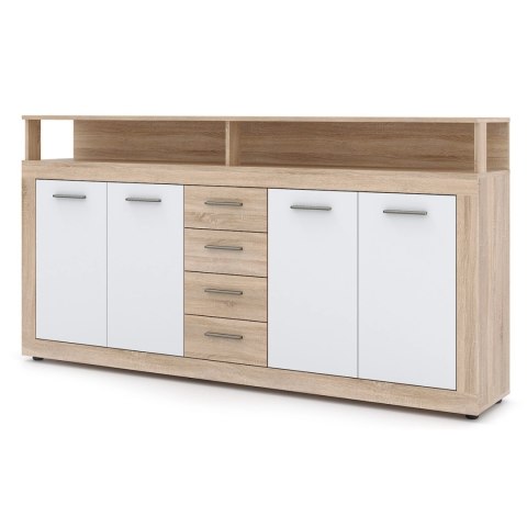 Komoda Czterodrzwiowa z Szufladami BLAGO 190 cm Dąb Sonoma/Biała Nowoczesna